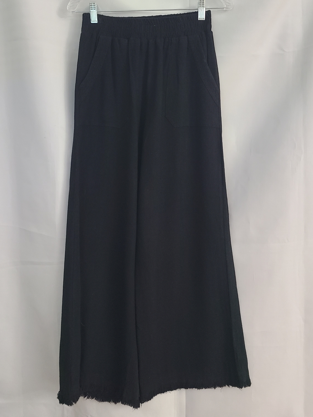Umgee S Black Cotton Blend Boho Beach Cruise Wide Leg Pull On Raw Hem Linen Pant